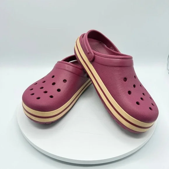 Crocs Unisex Crocband Clog Shoes, Raspberry/Dark Pink Cream Stripe M 10 W 12 - Picture 2 of 8